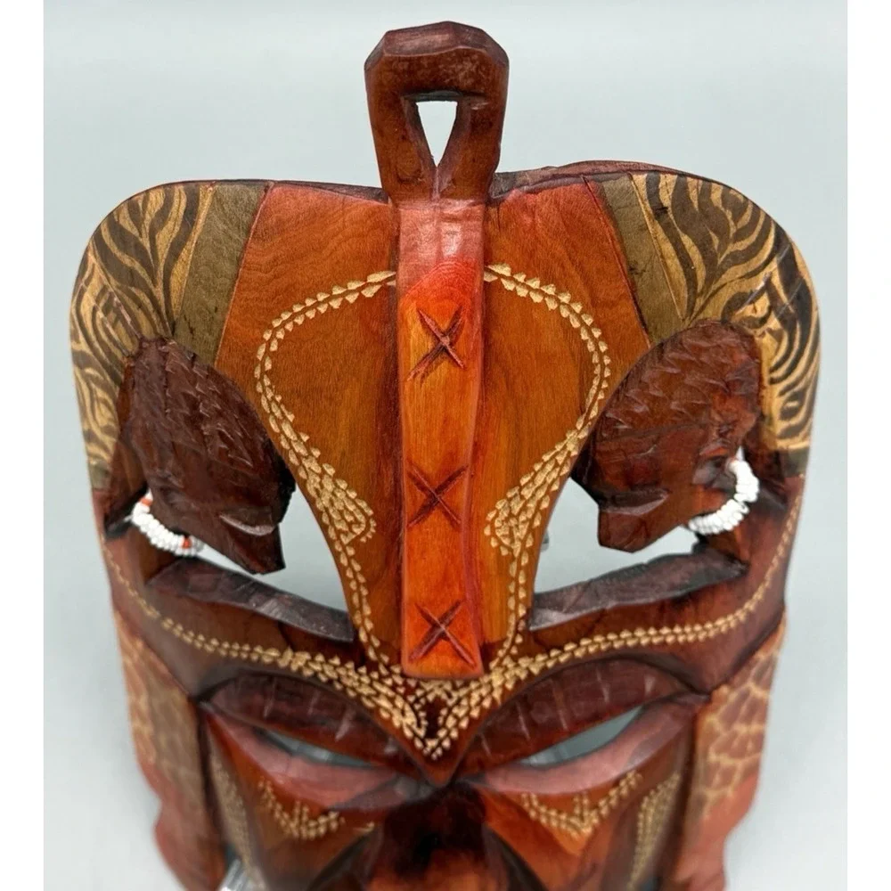 Vintage Hand Carved Wooden African Maasai Beaded Mask Kenya Wall Decor